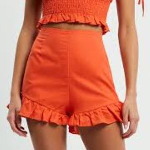 Lost + Wander Orange Ruffle Hem High-Waist Shorts
